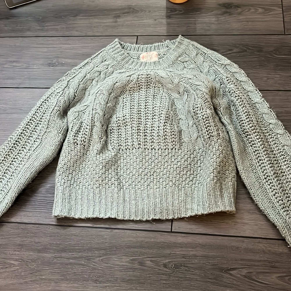 Hippie Rose sweater, green-blue, cable knit, size S.
